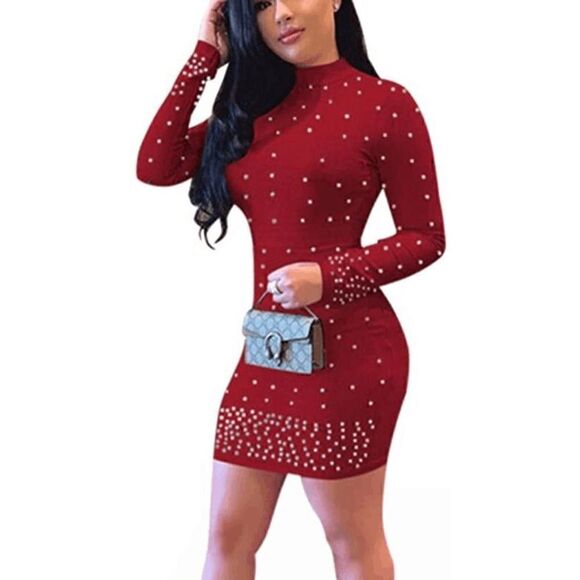 ❤️ Pearls Embellished Nightclub Bodycon Christmas Party Red Dress XL, XXL NEW - Picture 1 of 16